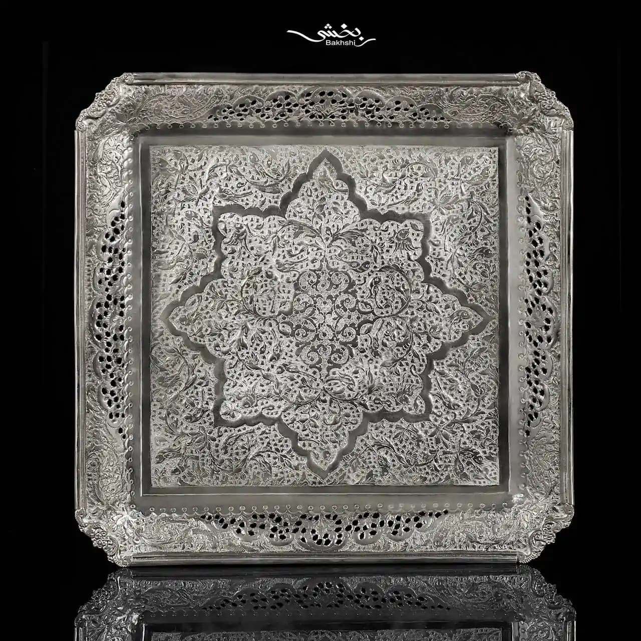 شیرینی خوری مربع نقره قلم گل و مرغ — تصویر ۲
