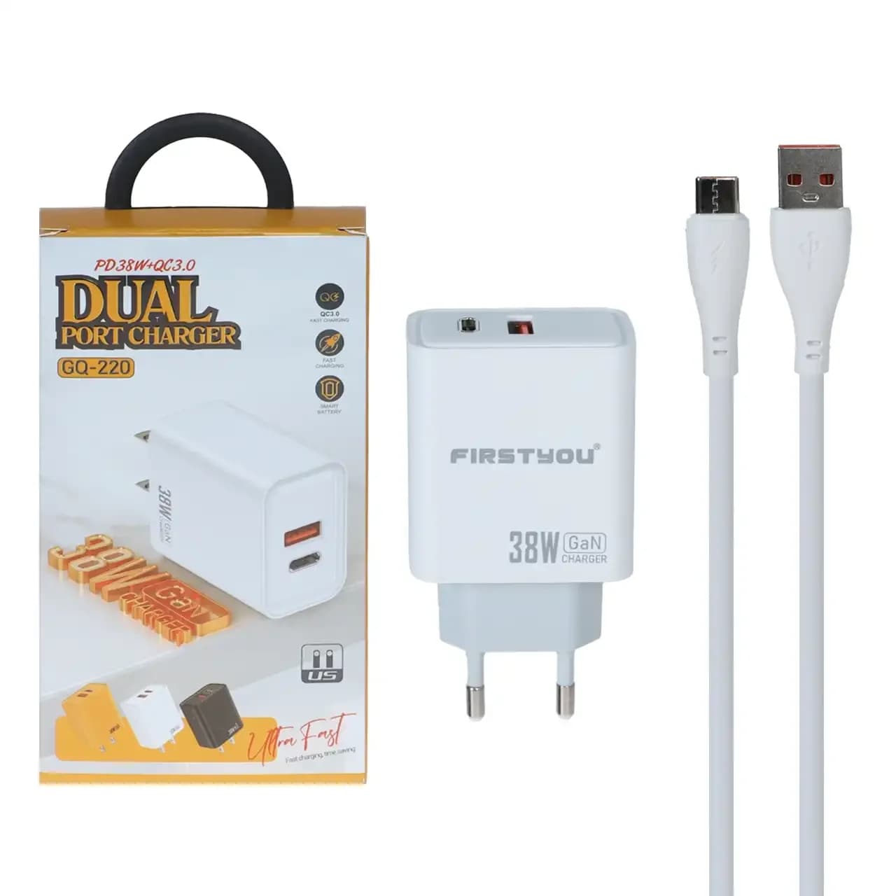 شارژر دیواری PD و فست دو پورت مدل GQ-220 38W به همراه کابل شارژ Type-C – سفید – RYL — تصویر ۴