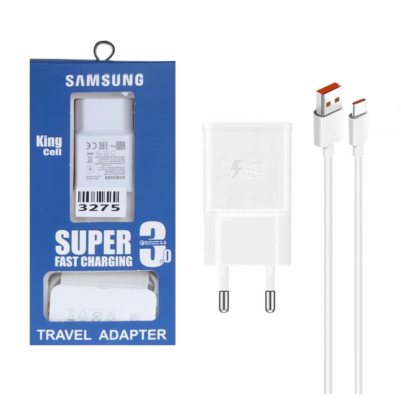 شارژر دیواری فست تک پورت Samsung King Cell مدل EP-TA200 به همراه کابل شارژ Type-C – سفید – ASP (گارانتی شش ماهه آروین)
