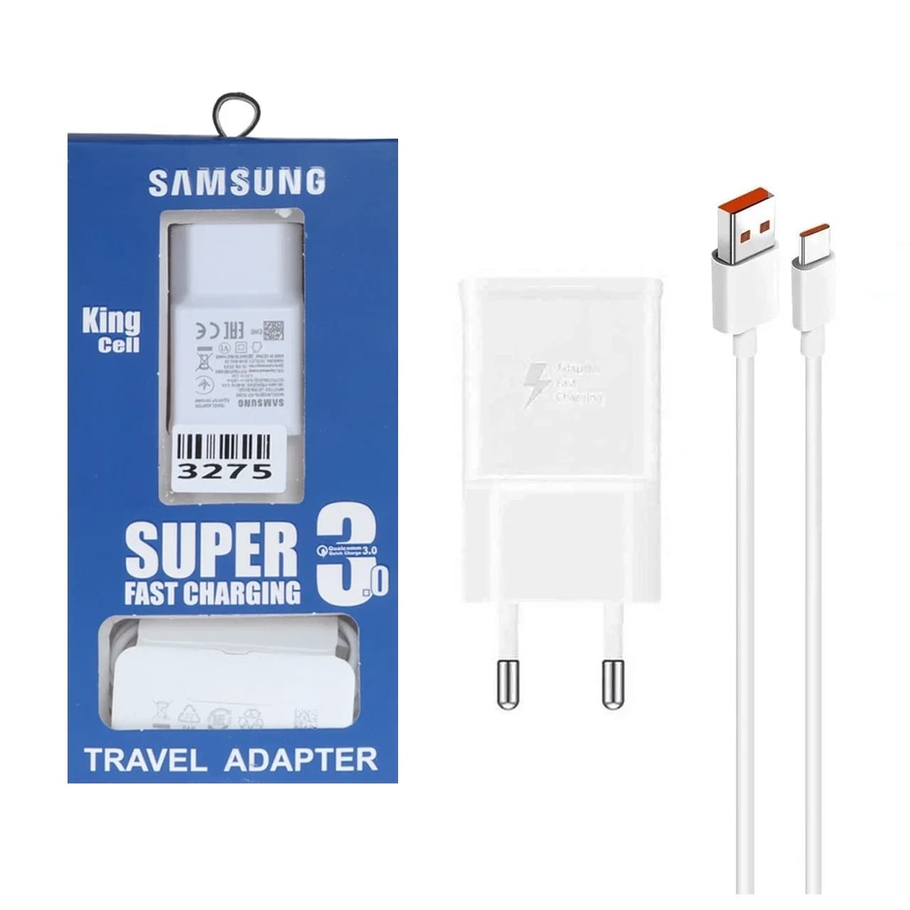 شارژر دیواری فست تک پورت Samsung King Cell مدل EP-TA200 به همراه کابل شارژ Type-C – سفید – ASP (گارانتی شش ماهه آروین) — تصویر ۳