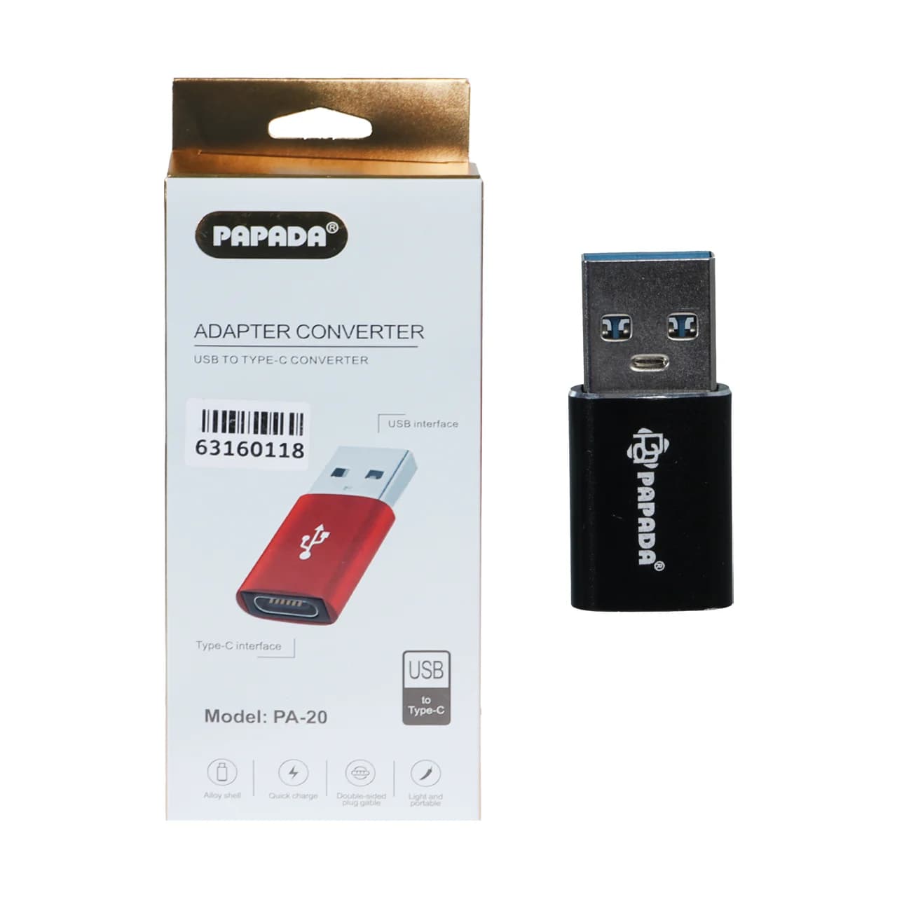 تبدیل Papada USB TO Type-C مدل PA-20 – مشکی – ASP (گارانتی شش ماهه آروین) — تصویر ۳