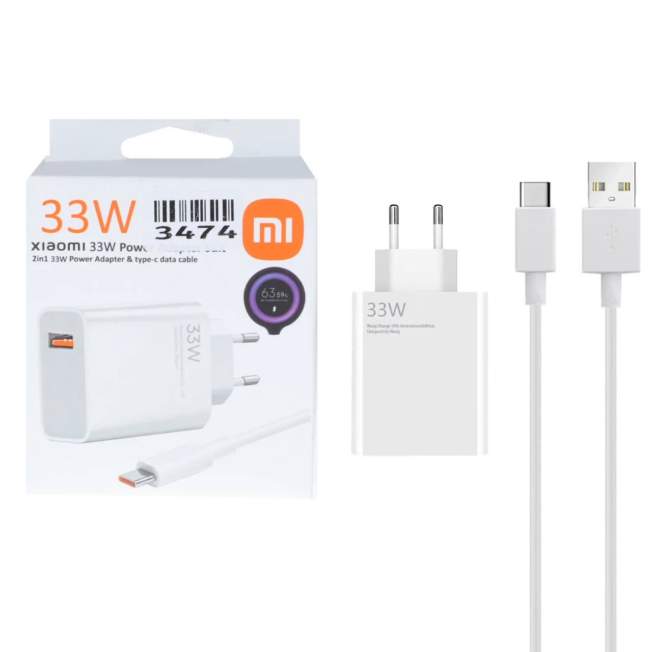 شارژر دیواری فست تک پورت Xiaomi مدل MDY-11-EZ 33W به همراه کابل شارژ Type-C – سفید – ASP (گارانتی شش ماهه آروین)