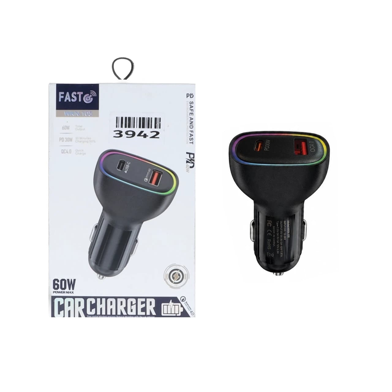 شارژر فندکی PD و فست دو پورت Fast مدل WKN-105 60W – مشکی – ASP (گارانتی شش ماهه آروین)