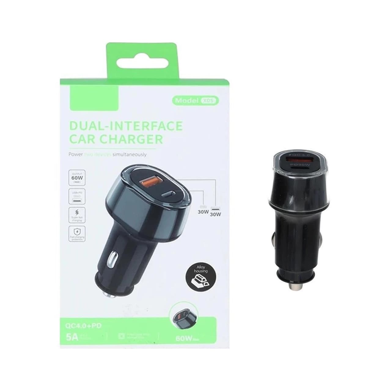 شارژر فندکی PD و فست دو پورت مدل X05 60W – مشکی – ASP (گارانتی شش ماهه آروین)
