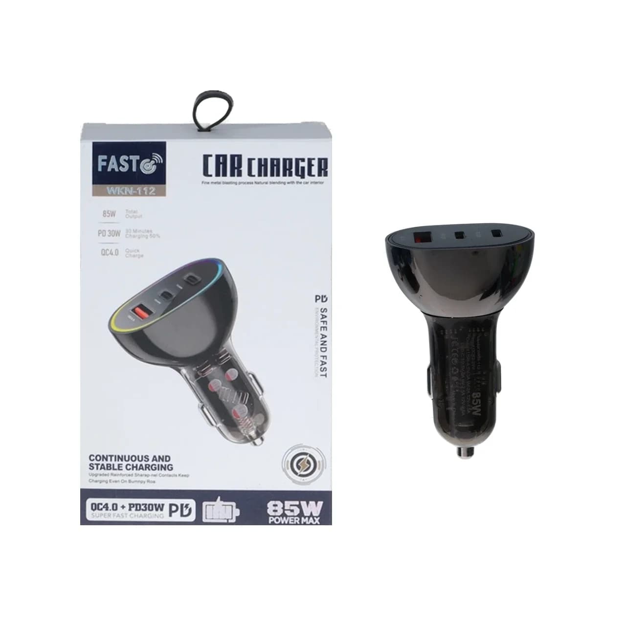 شارژر فندکی PD و فست سه پورت Fast مدل WKN-112 85W – مشکی – ASP (گارانتی شش ماهه آروین) — تصویر ۴