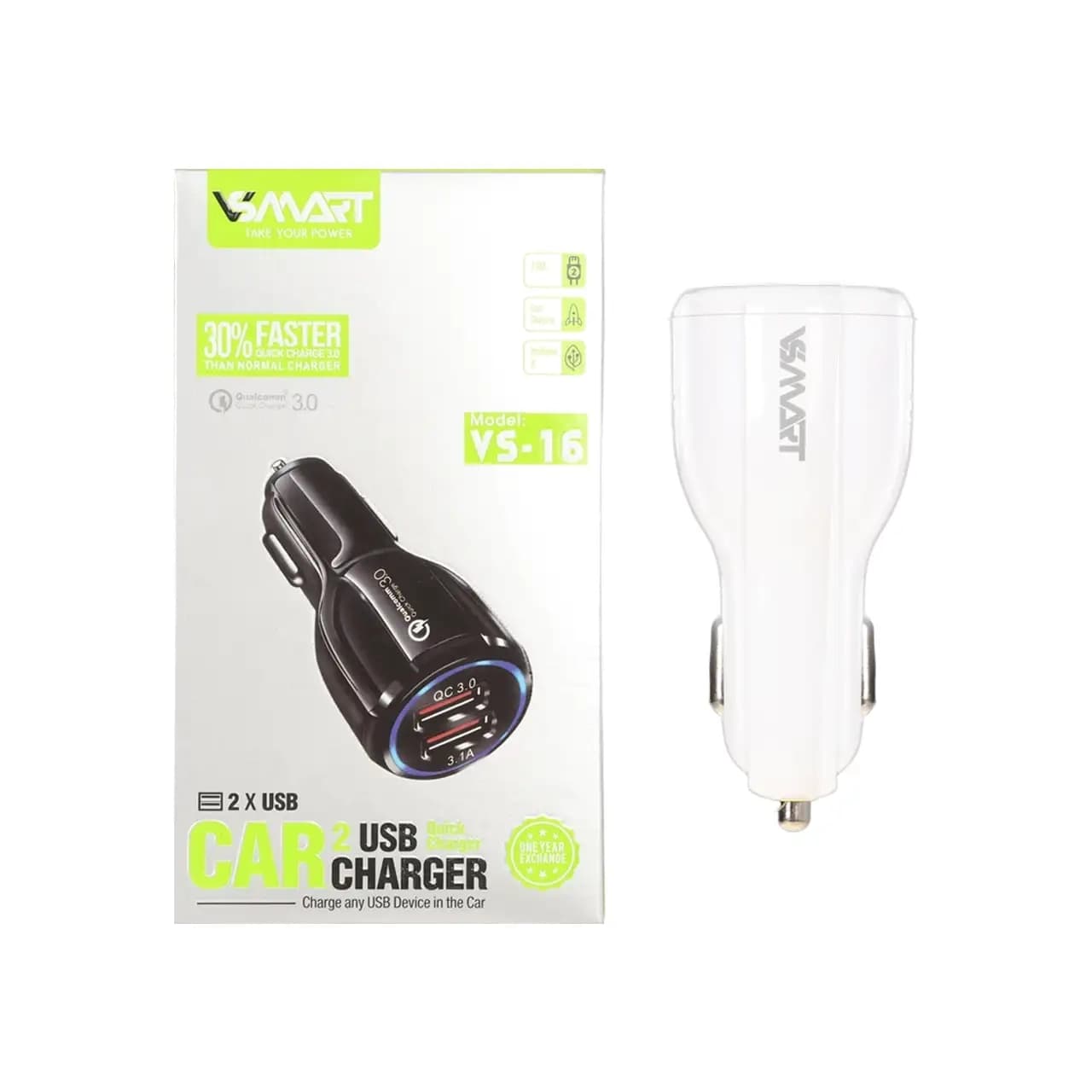 شارژر فندکی فست دو پورت V-Smart مدل VS-16 – سفید – ASP (گارانتی شش ماهه آروین)