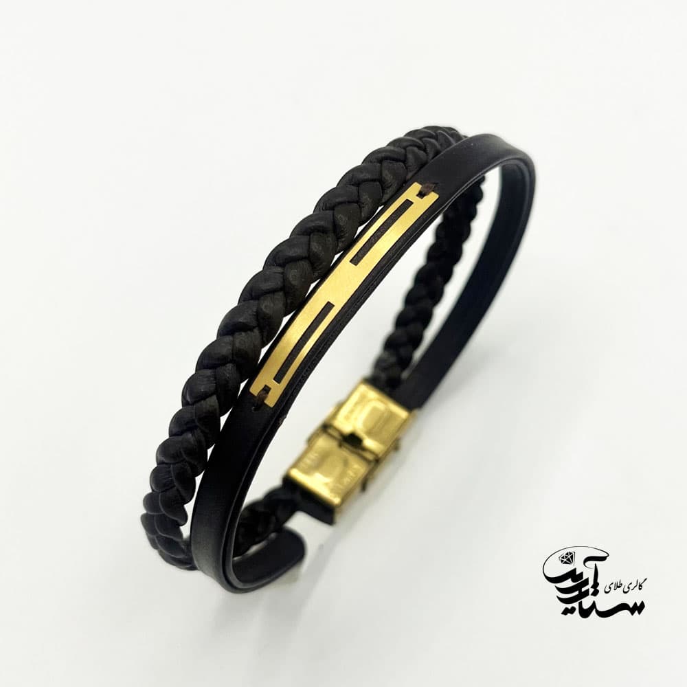 دستبند چرم و طلا مردانه کد 1010