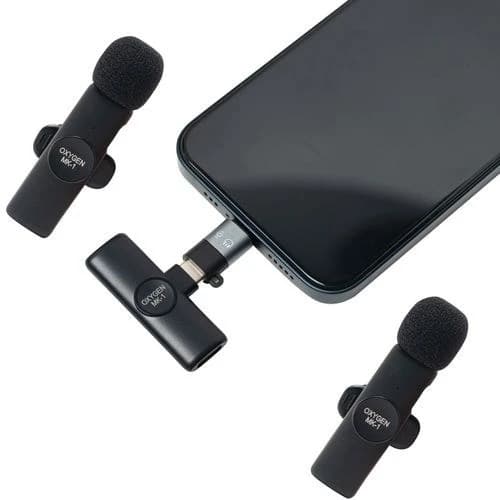 میکروفون بی‌سیم دو کاربره اکسیژن مدل MK1 یقه‌ای با پرت های تایپ C و لایتنینگ — تصویر ۲
