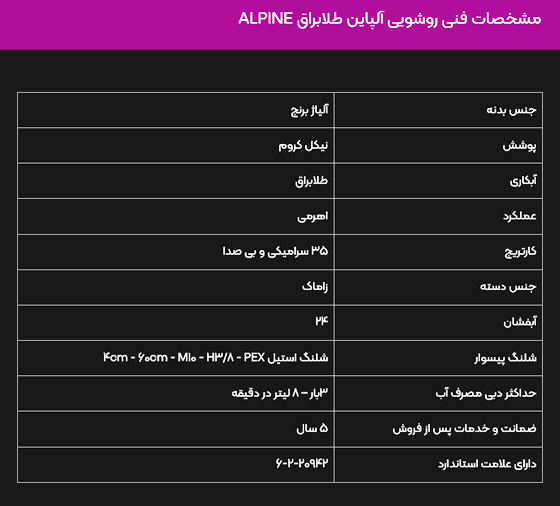 شیر روشویی البرز روز مدل آلپاین طلایی — تصویر ۲