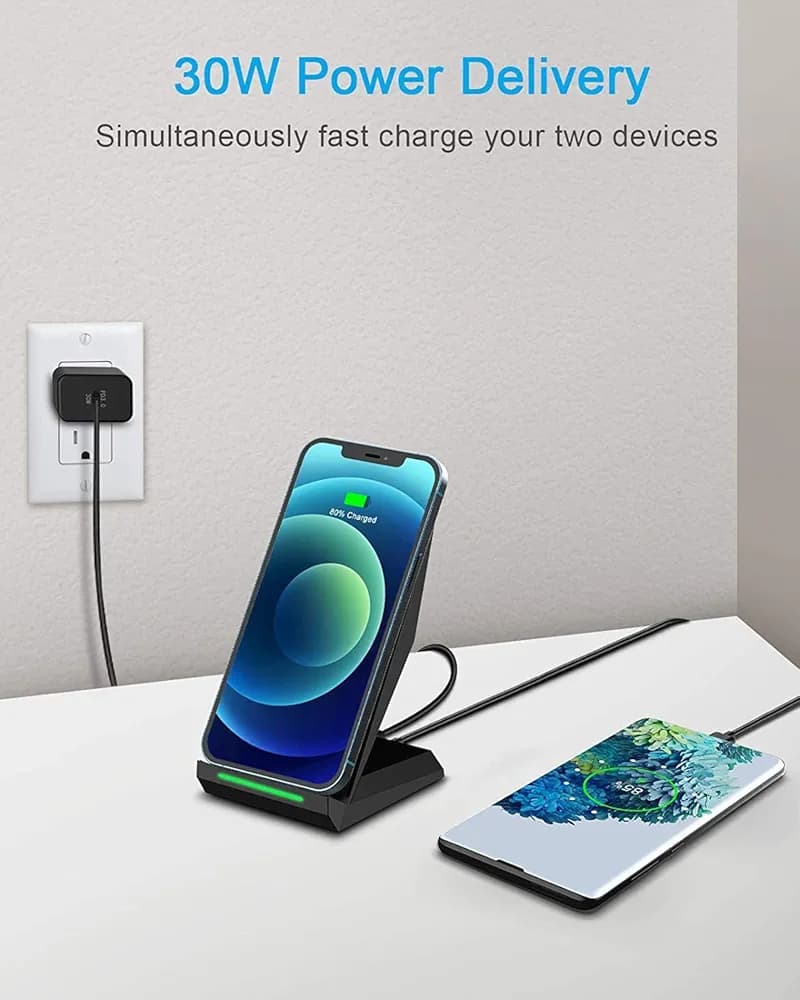 شارژر بی سیم NANAMI مدل2در1 با آداپتور30 واتی USB_C شارژ سریع ، ایمن و هوشمند برای تمام گوشی های شما — تصویر ۳