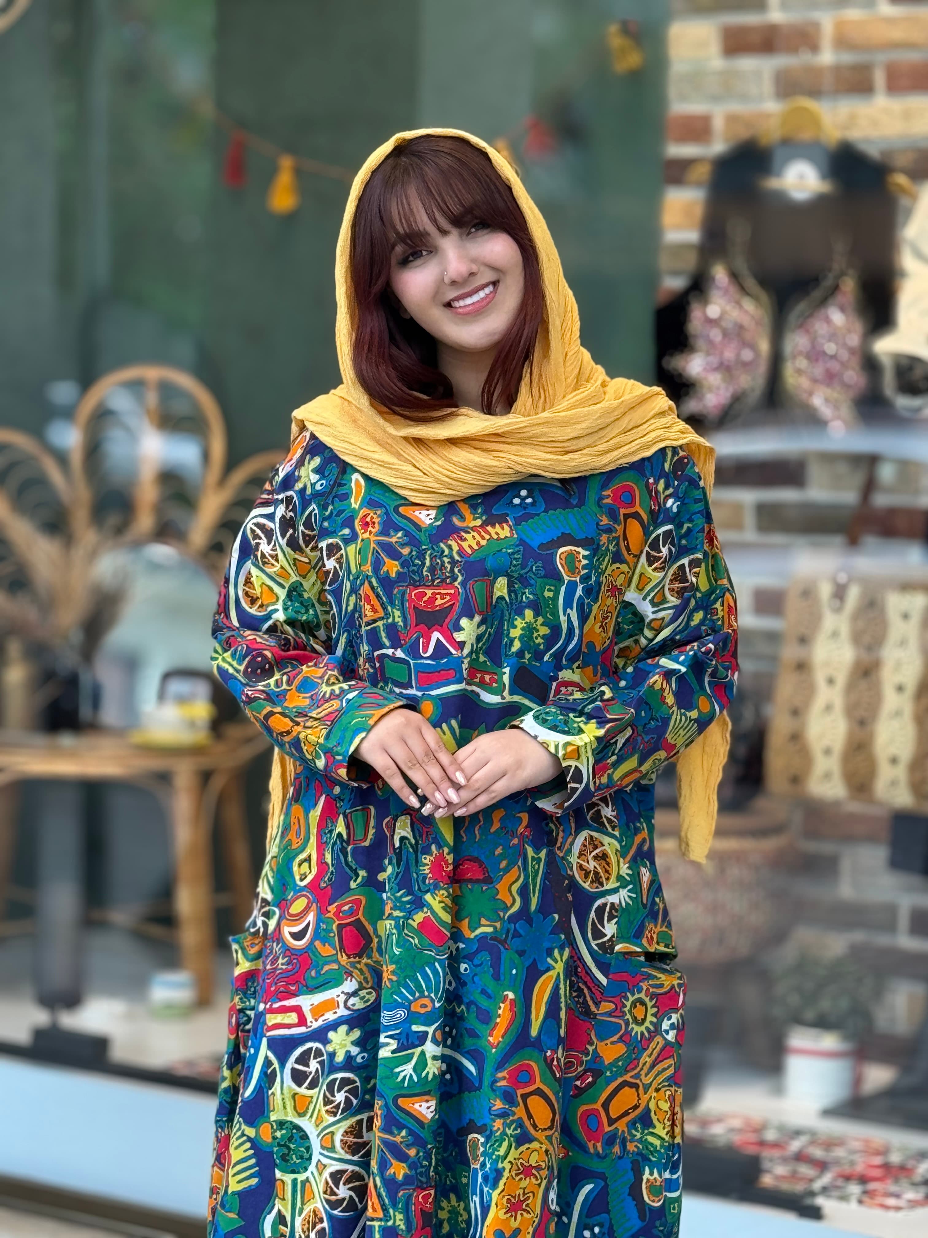 پیراهن آیگل آبی طرح های شلوغ رنگی — تصویر ۳