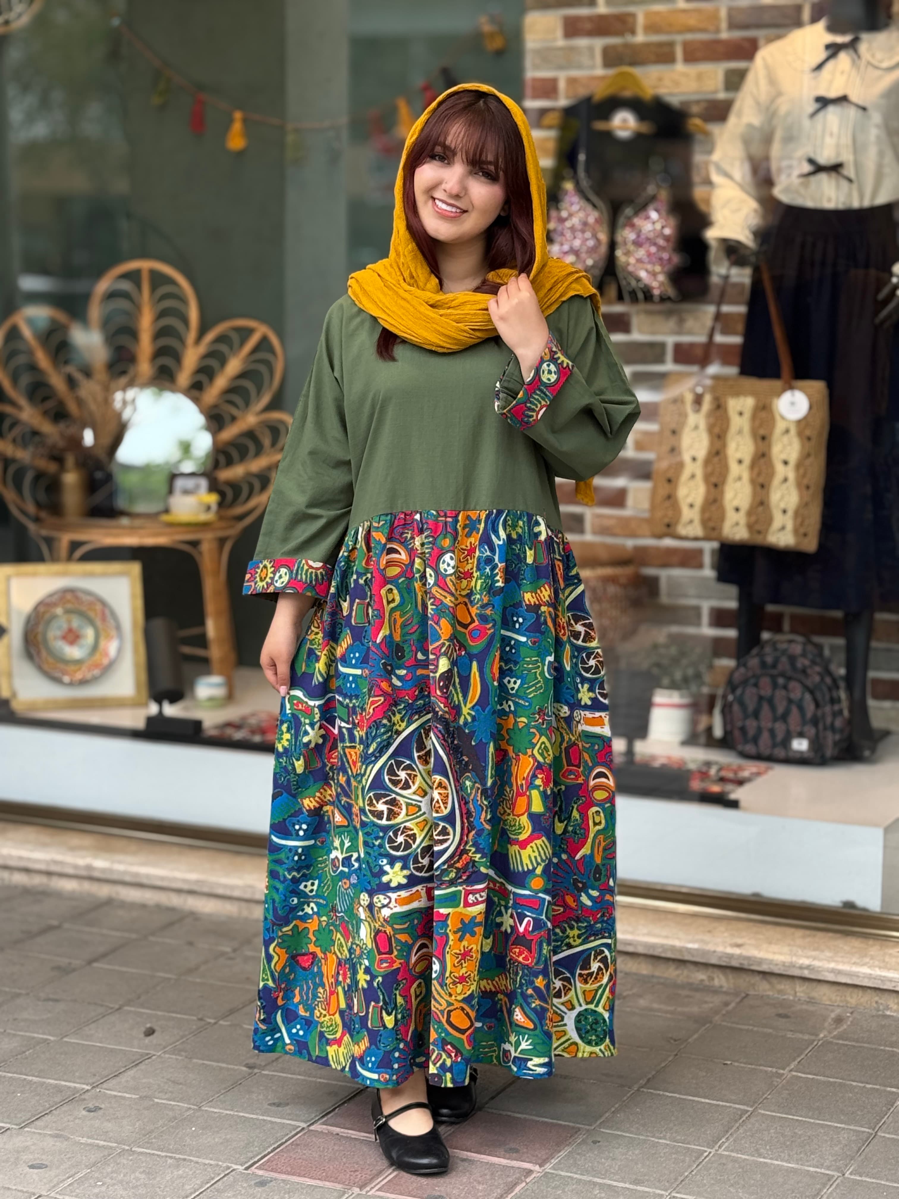 پیراهن شایسته سبز طرحدار رنگی