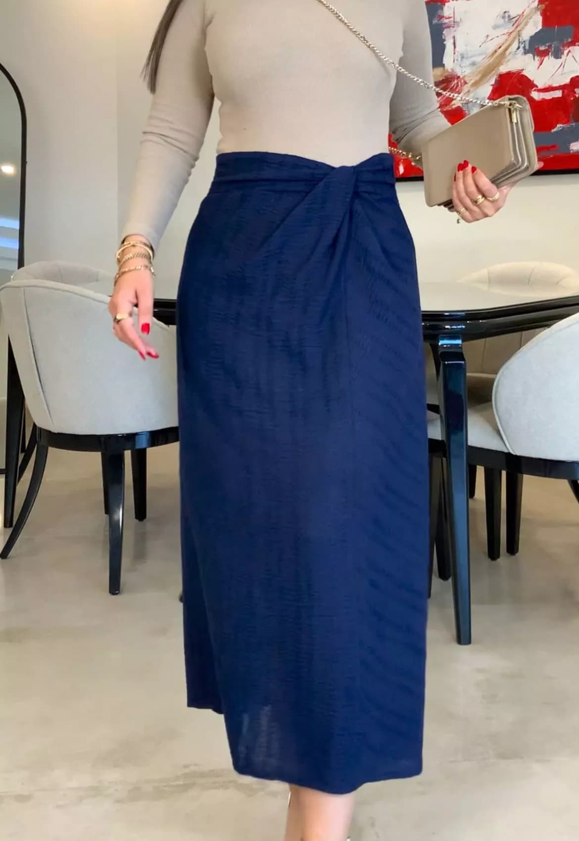 دامن زنانه گره دار لینن سرمه ای
