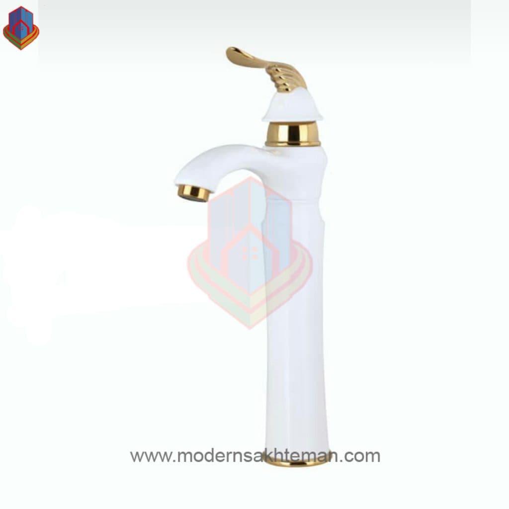 شیر روشویی پایه بلند کرومات مدل گاندو سفیدطلایی