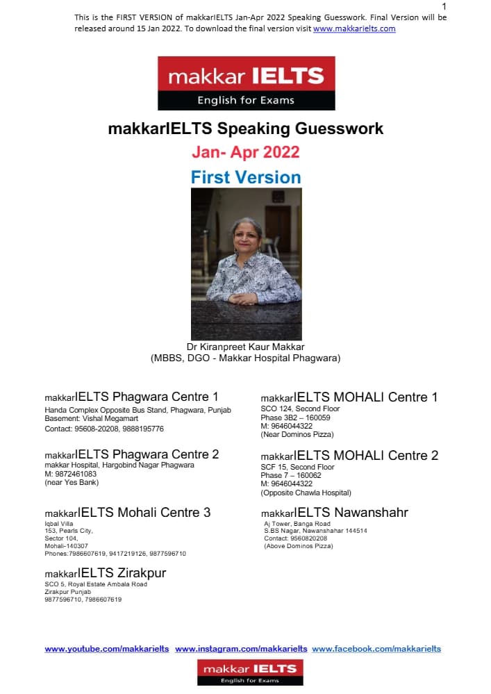 کتاب IELTS Speaking 9 Makkar IELTS Speaking Jan–Apr 2022 (First Version) (اسپیکینگ آیلتس مکار، ژانویه تا آوریل ۲۰۲۲، نسخه اول) نسخه انگلیسی PDF | دکتر کیران‌پریت کائور مکار