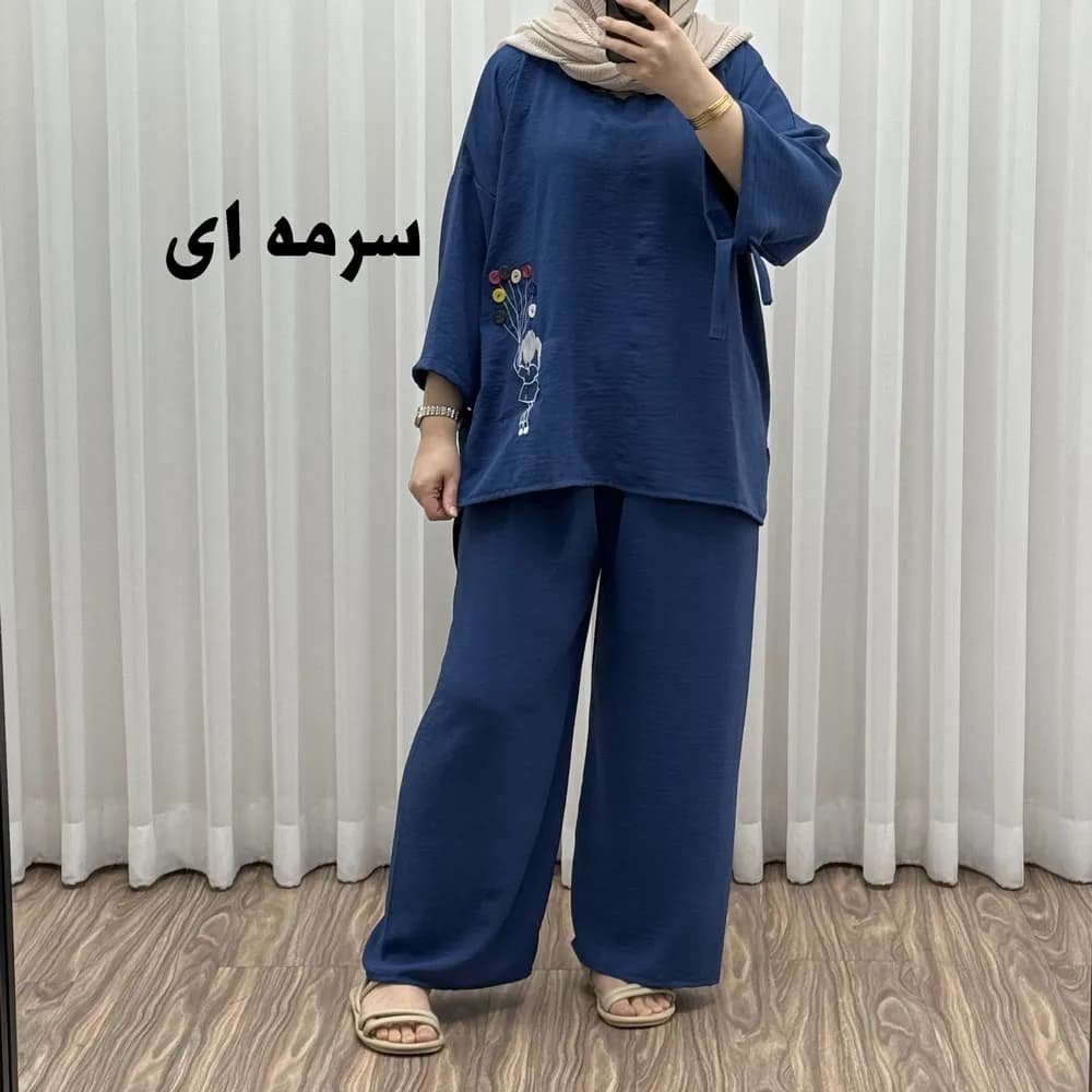 ست بلوز شلوار بادکنکی فری سایز تا 52 ابر و باد چهارفصل شیک و راحت بدون آبرفت و رنگ رفتگی — تصویر ۲