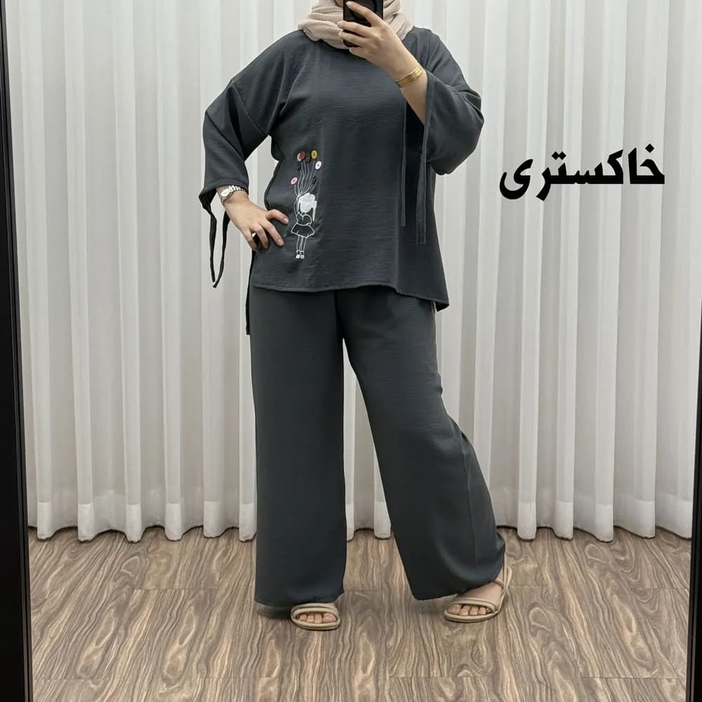 ست بلوز شلوار بادکنکی فری سایز تا 52 ابر و باد چهارفصل شیک و راحت بدون آبرفت و رنگ رفتگی — تصویر ۵
