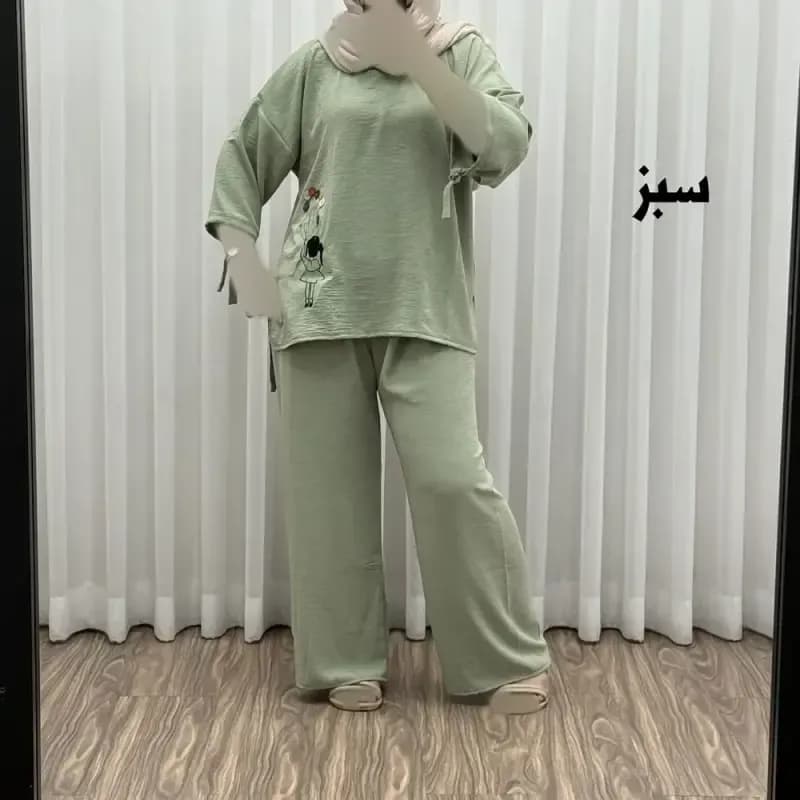 ست بلوز شلوار بادکنکی فری سایز تا 52 ابر و باد چهارفصل شیک و راحت بدون آبرفت و رنگ رفتگی — تصویر ۱۰