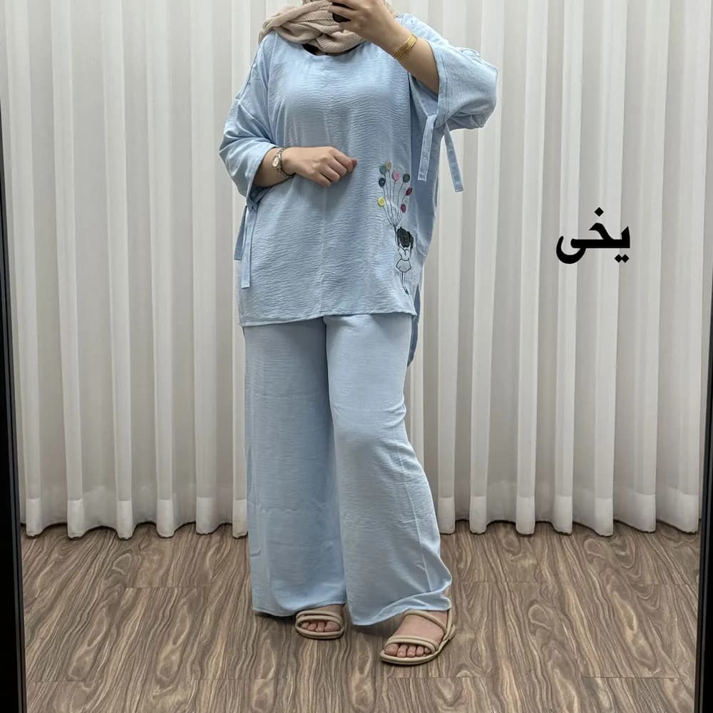 ست بلوز شلوار بادکنکی فری سایز تا 52 ابر و باد چهارفصل شیک و راحت بدون آبرفت و رنگ رفتگی — تصویر ۸