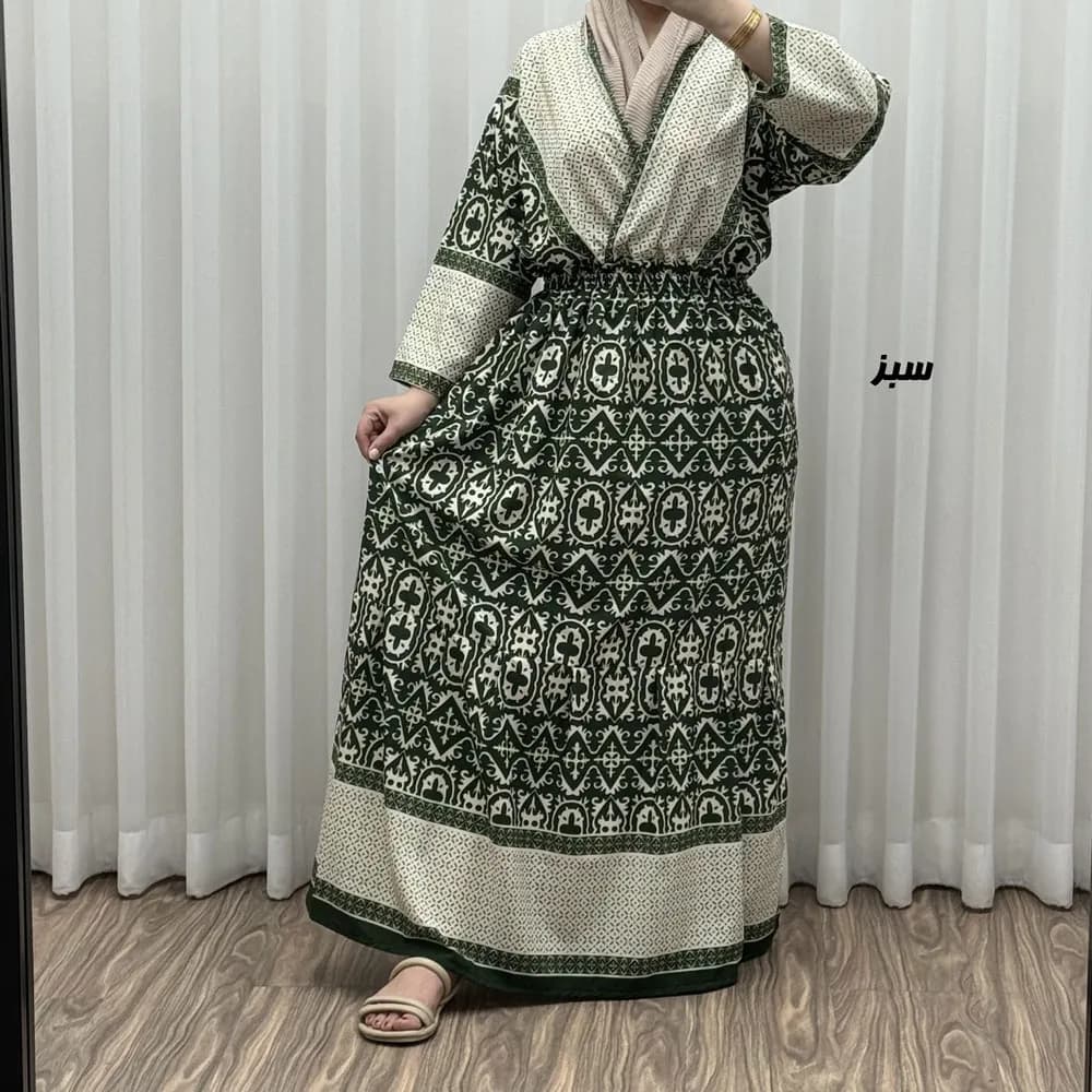 پیراهن زنانه فلور بوگاتی مدل چپ و راستی طرح جاجیم فری سایز تا 48 — تصویر ۲