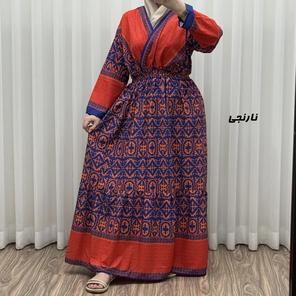 پیراهن زنانه فلور بوگاتی مدل چپ و راستی طرح جاجیم فری سایز تا 48 — تصویر ۴