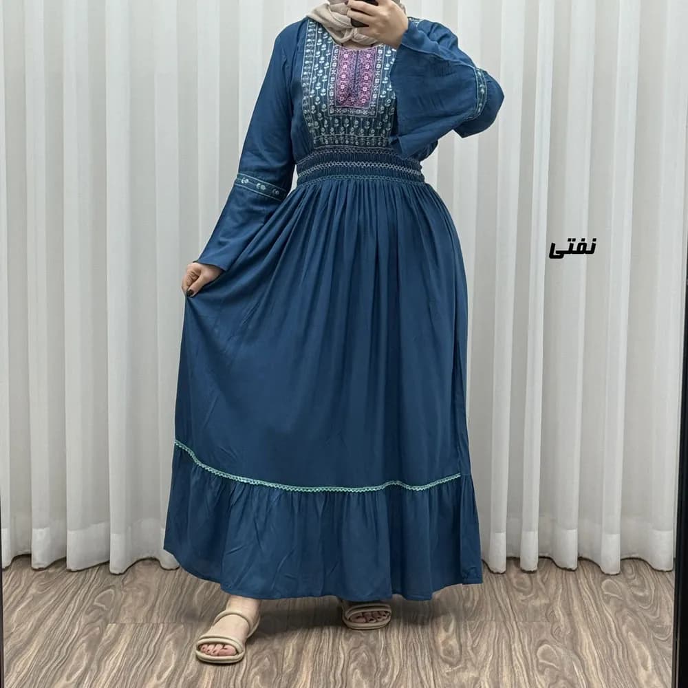 پیراهن نخی گلدوزی زنانه و دخترانه فری سایز مدل نازی کد 1778 — تصویر ۴