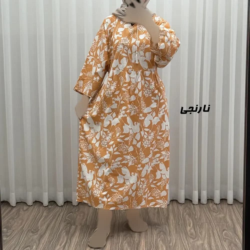 پیراهن ساحلی زنانه لینن طرحدار فری سایز مناسب تا سایز 50 با کمربند — تصویر ۳