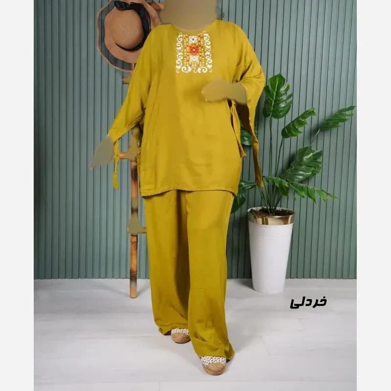 ست بلوز و شلوار نخی زنانه مدل سنتی فری سایز مناسب تا 48 — تصویر ۲