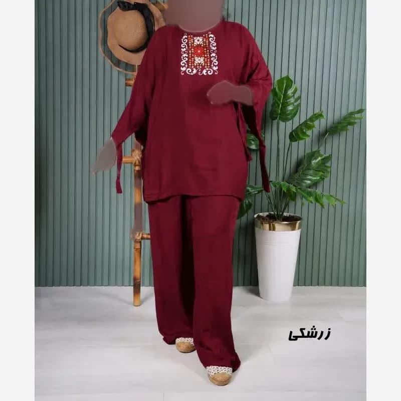 ست بلوز و شلوار نخی زنانه مدل سنتی فری سایز مناسب تا 48 — تصویر ۳