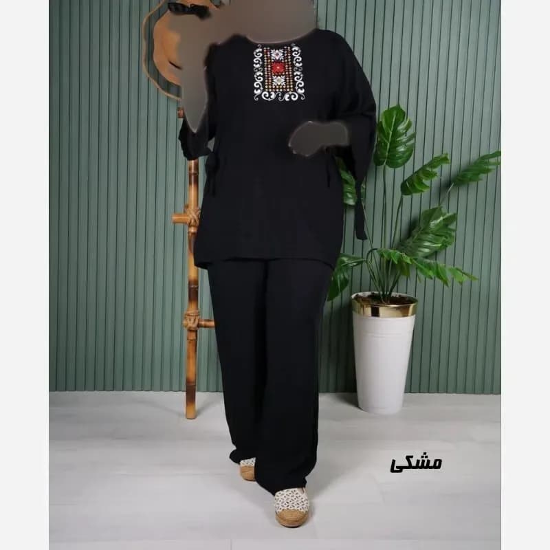 ست بلوز و شلوار نخی زنانه مدل سنتی فری سایز مناسب تا 48