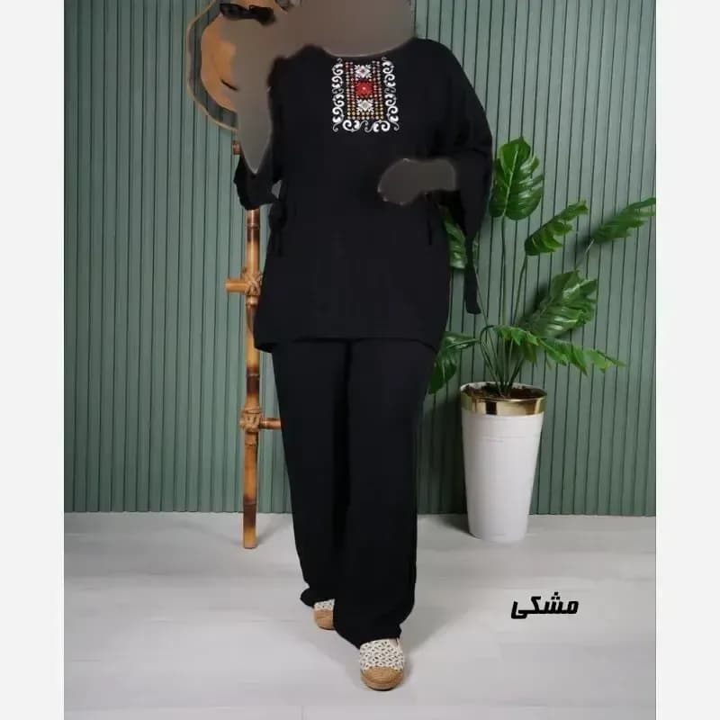 ست بلوز و شلوار نخی زنانه مدل سنتی فری سایز مناسب تا 48 — تصویر ۱۰