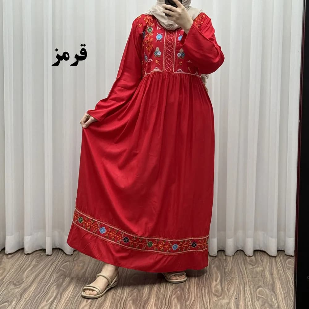 پیراهن نخی هندی سلن گلدوزی فری سایز تا 50 کمربنددار چهارفصل زنانه شیک — تصویر ۴