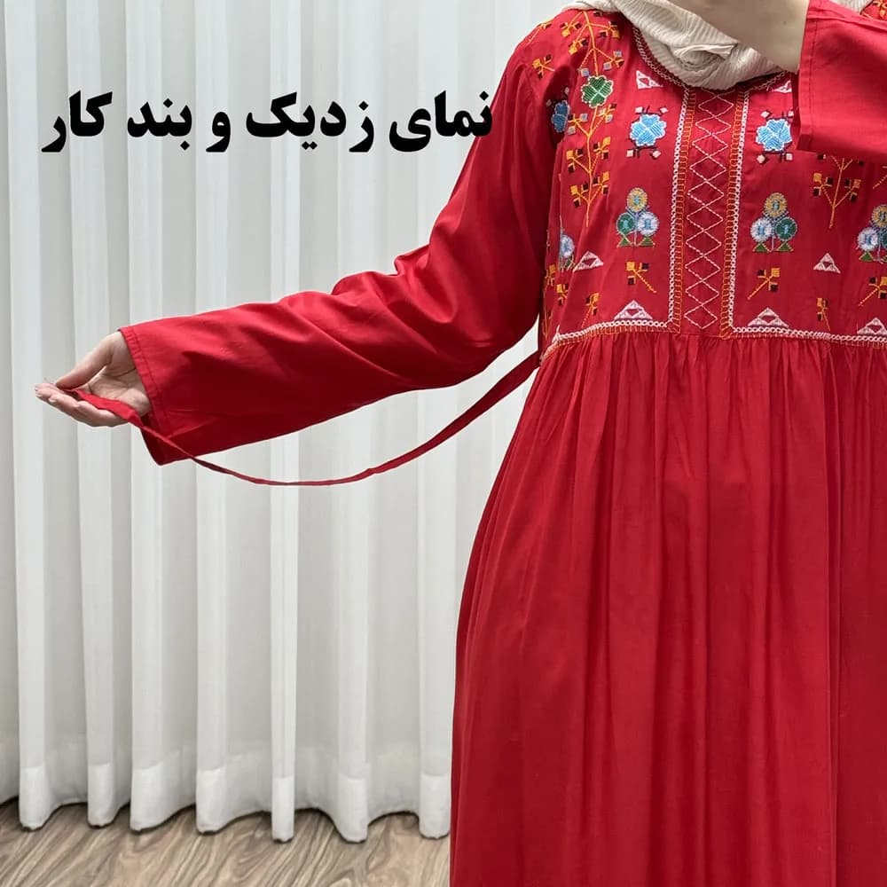 پیراهن نخی هندی سلن گلدوزی فری سایز تا 50 کمربنددار چهارفصل زنانه شیک — تصویر ۵