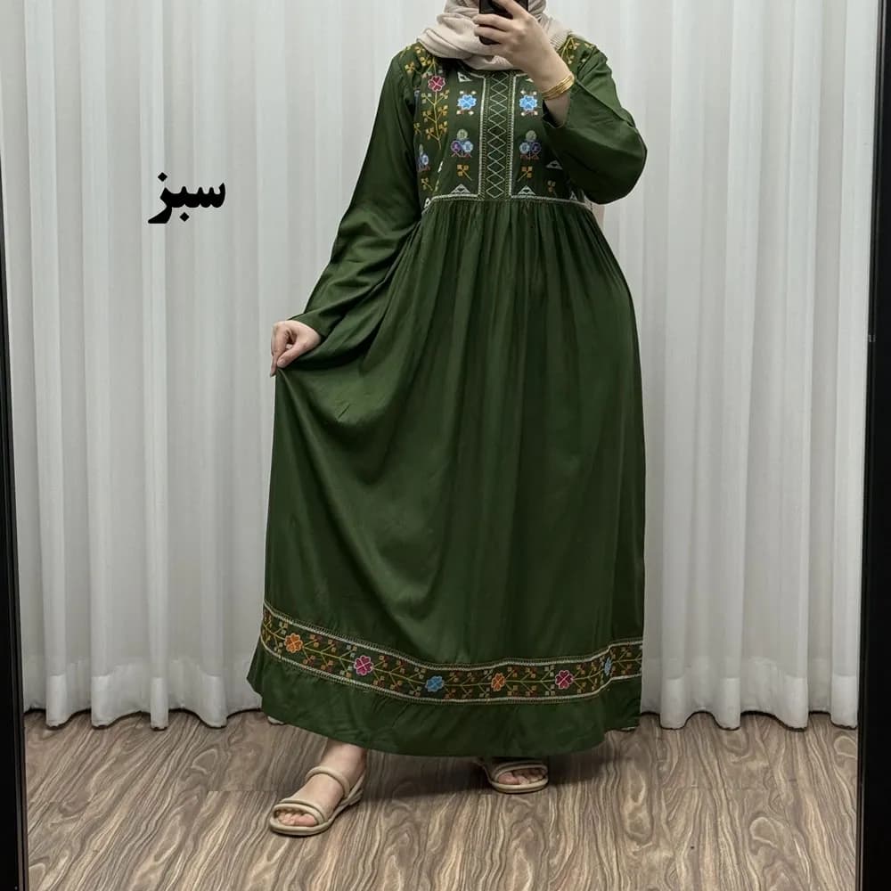 پیراهن نخی هندی سلن گلدوزی فری سایز تا 50 کمربنددار چهارفصل زنانه شیک — تصویر ۲