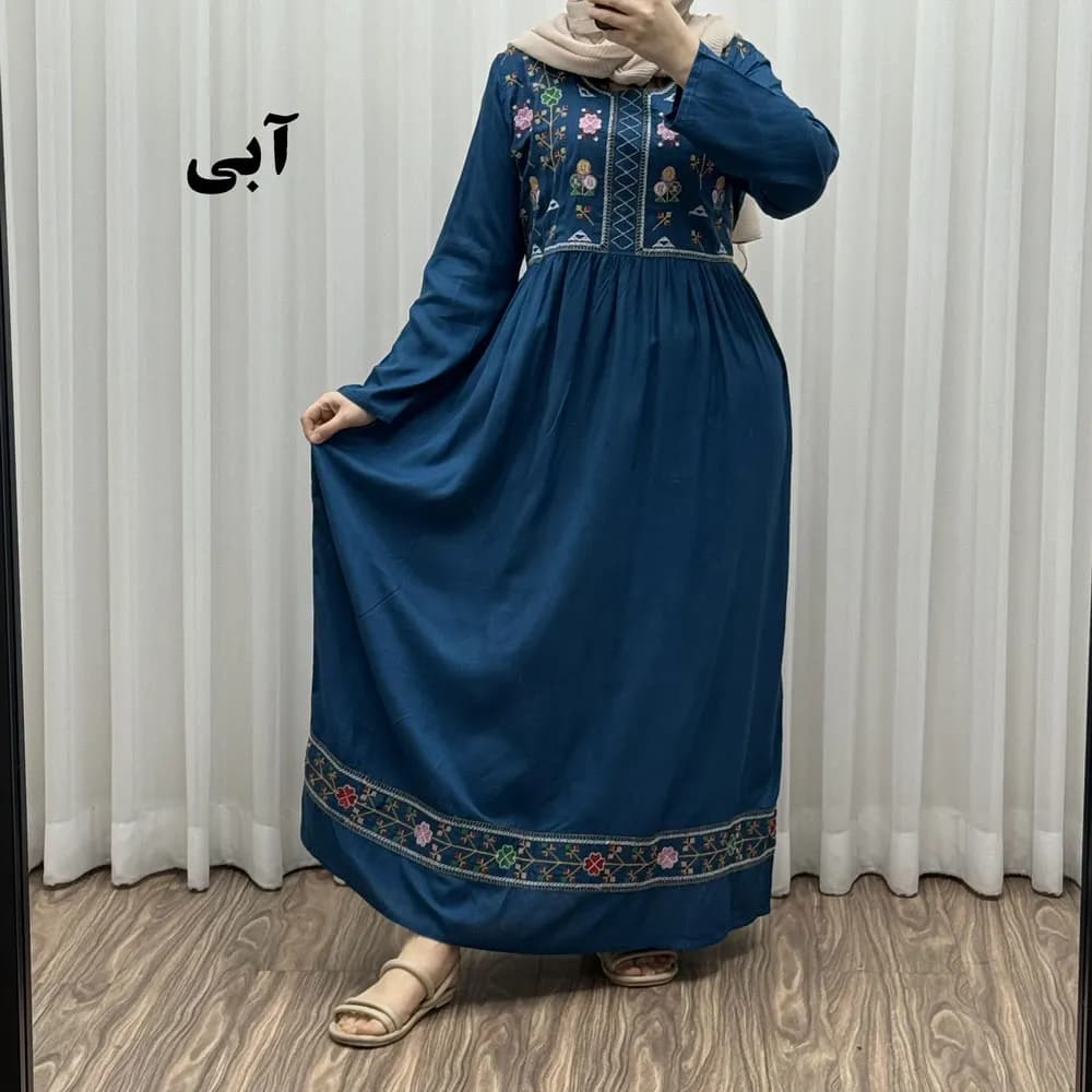پیراهن نخی هندی سلن گلدوزی فری سایز تا 50 کمربنددار چهارفصل زنانه شیک — تصویر ۶