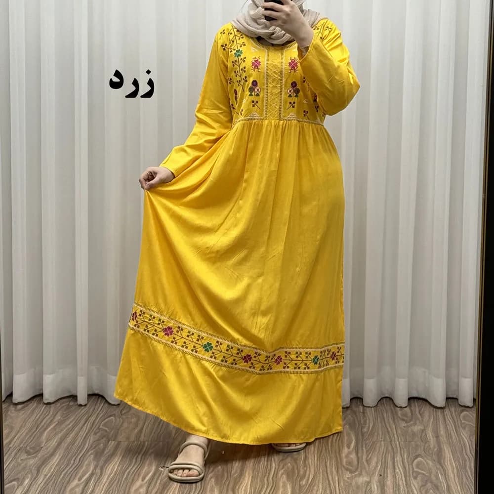 پیراهن نخی هندی سلن گلدوزی فری سایز تا 50 کمربنددار چهارفصل زنانه شیک — تصویر ۷