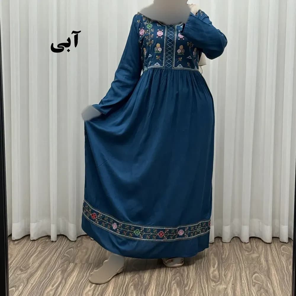 پیراهن نخی هندی سلن گلدوزی فری سایز تا 50 کمربنددار چهارفصل زنانه شیک — تصویر ۱۱