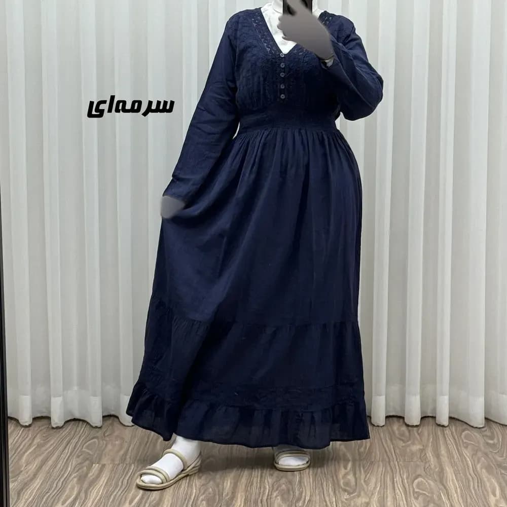 پیراهن ساحلی زنانه آستین بلند نخی تافته فری سایز مدل سلن دکمه دار آستردار