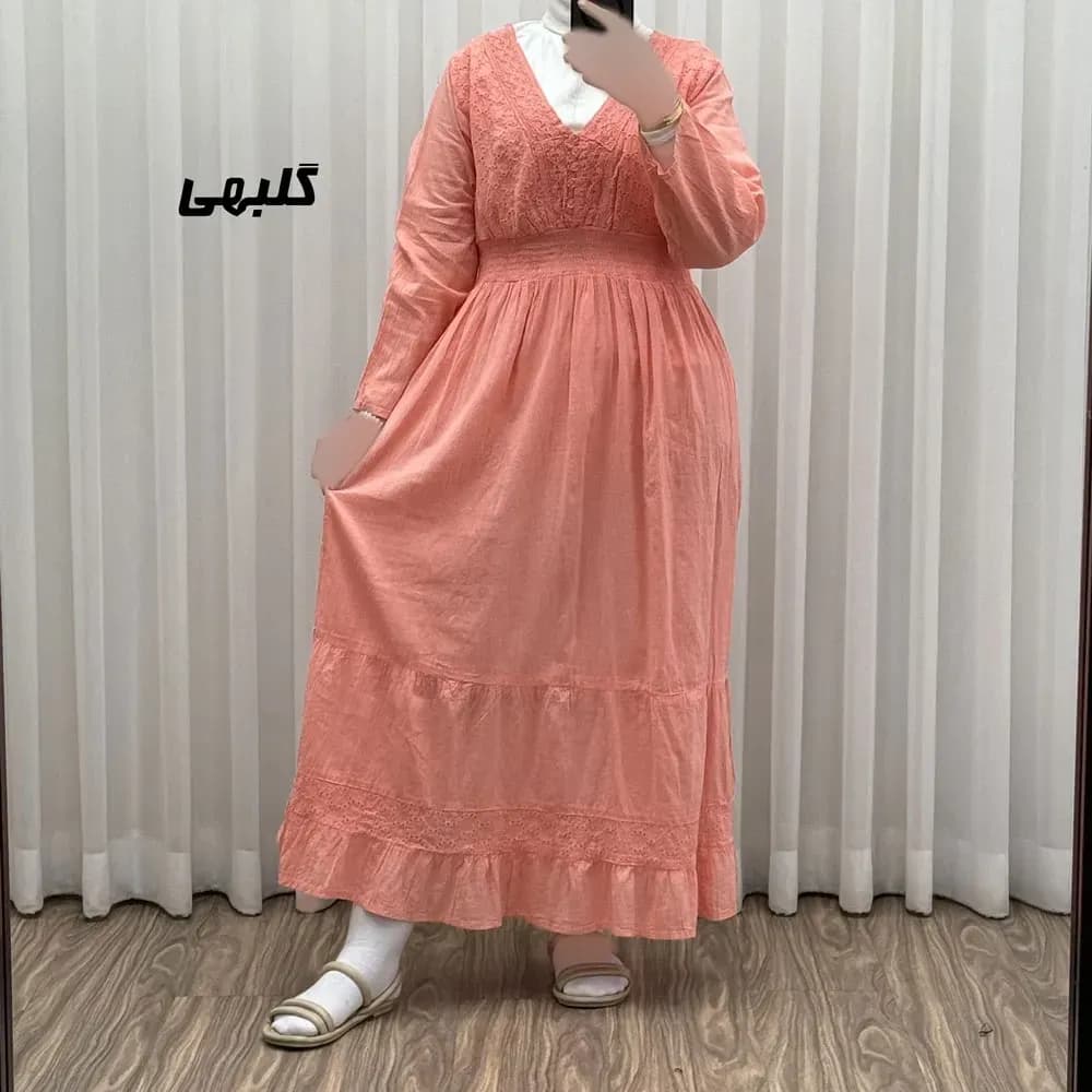 پیراهن ساحلی زنانه آستین بلند نخی تافته فری سایز مدل سلن دکمه دار آستردار — تصویر ۶
