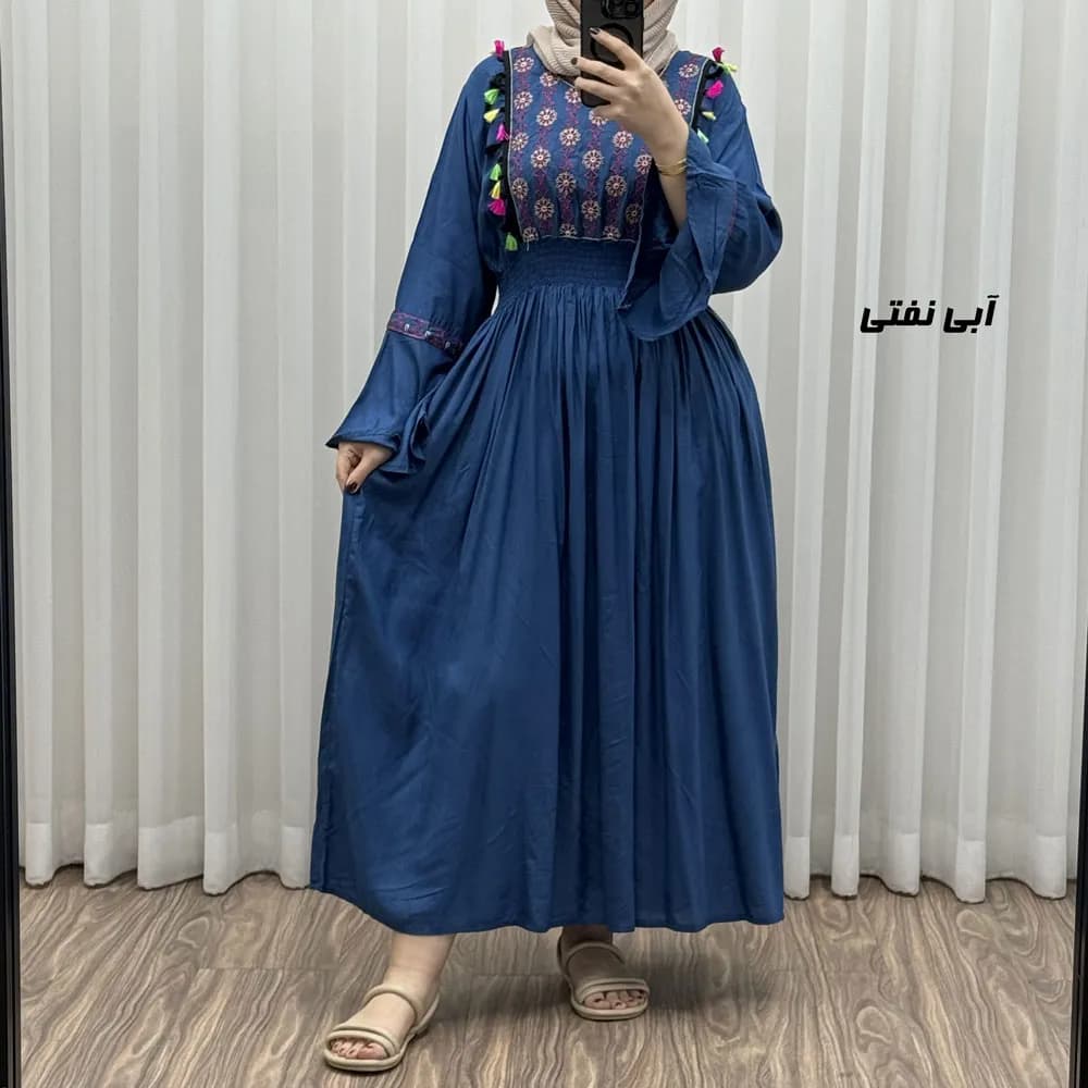 پیراهن نخی گلدوزی زنانه و دخترانه مدل جانان فری سایز مناسب تا 48 — تصویر ۴