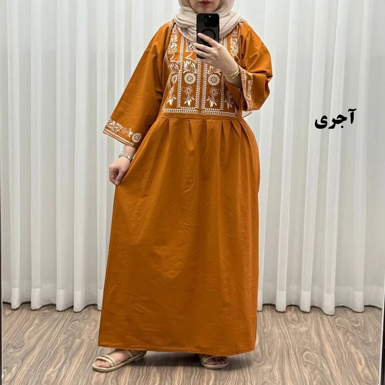 پیراهن زنانه لینن طرح مایا فری سایز مناسب تا 48 با کمربند — تصویر ۸