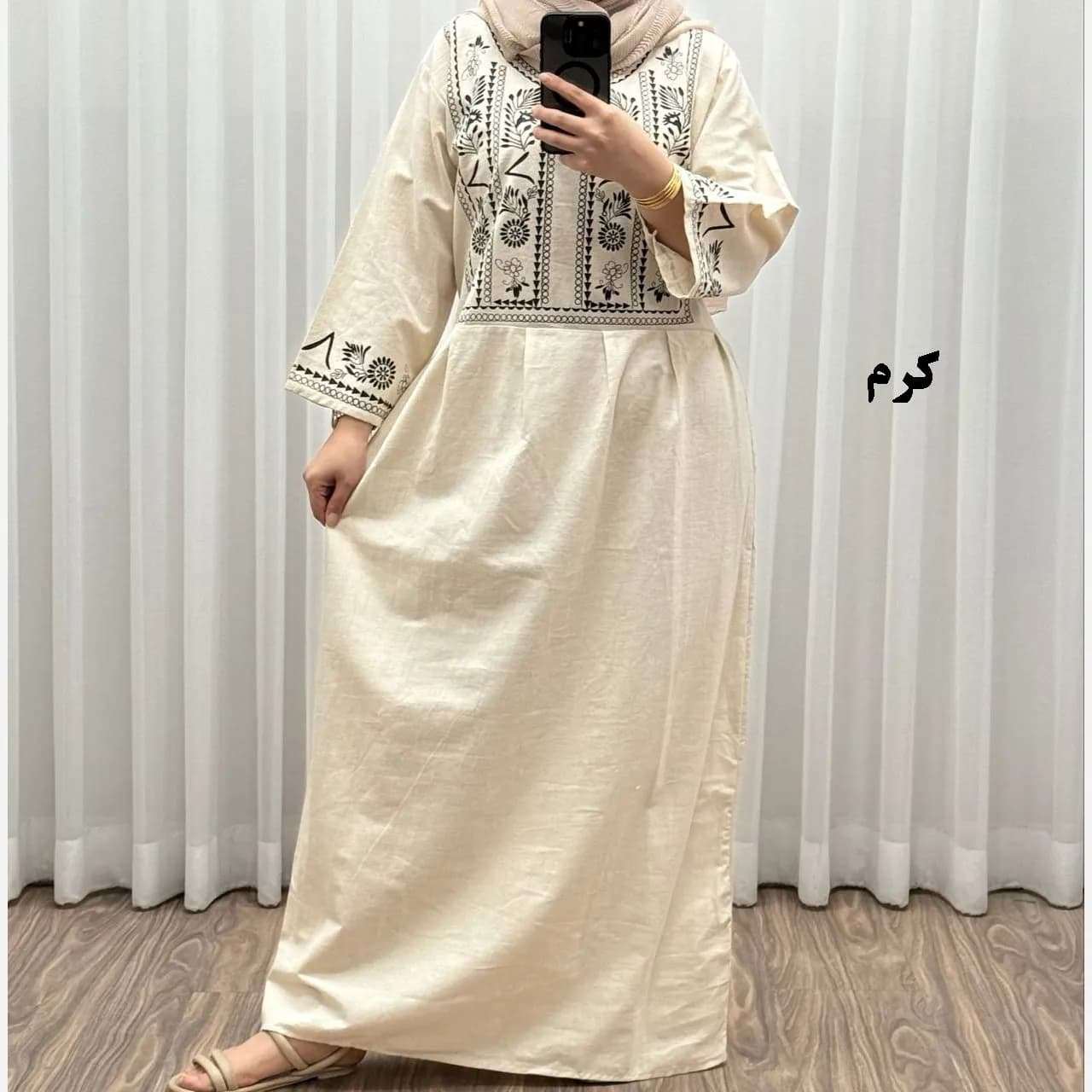 پیراهن زنانه لینن طرح مایا فری سایز مناسب تا 48 با کمربند — تصویر ۳