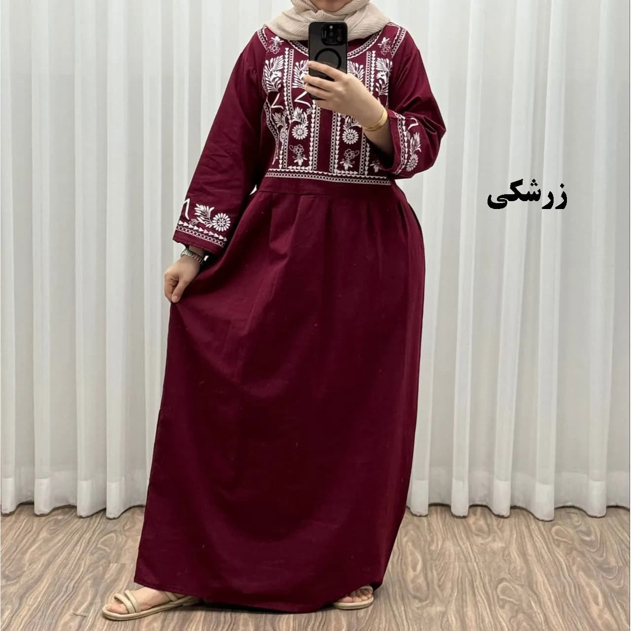 پیراهن زنانه لینن طرح مایا فری سایز مناسب تا 48 با کمربند — تصویر ۴