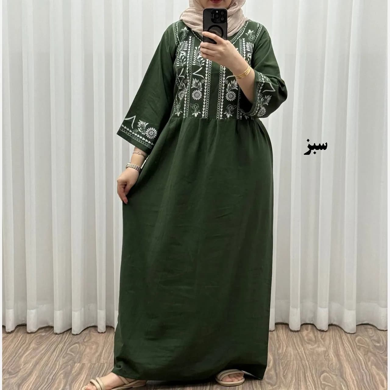 پیراهن زنانه لینن طرح مایا فری سایز مناسب تا 48 با کمربند — تصویر ۲