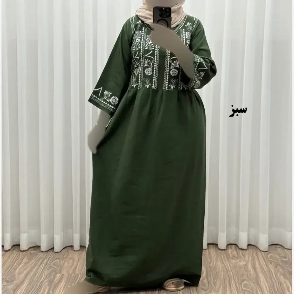 پیراهن زنانه لینن طرح مایا فری سایز مناسب تا 48 با کمربند — تصویر ۱۱