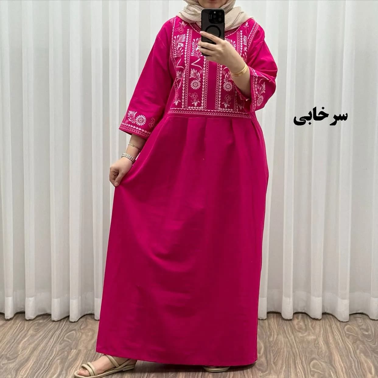 پیراهن زنانه لینن طرح مایا فری سایز مناسب تا 48 با کمربند — تصویر ۶