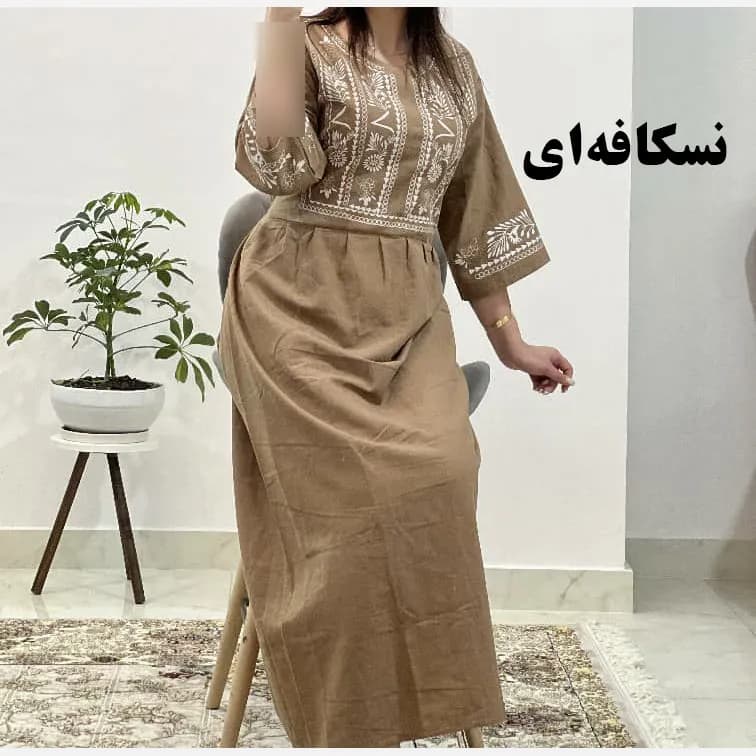 پیراهن زنانه لینن طرح مایا فری سایز مناسب تا 48 با کمربند — تصویر ۷