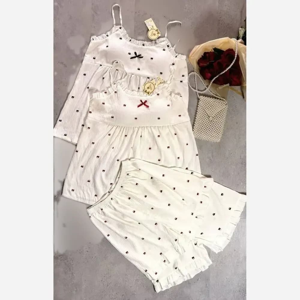 ست تاپ و شلوارک زنانه طرح خرسی جنس پنبه موسلین خنک و باکیفیت — تصویر ۶