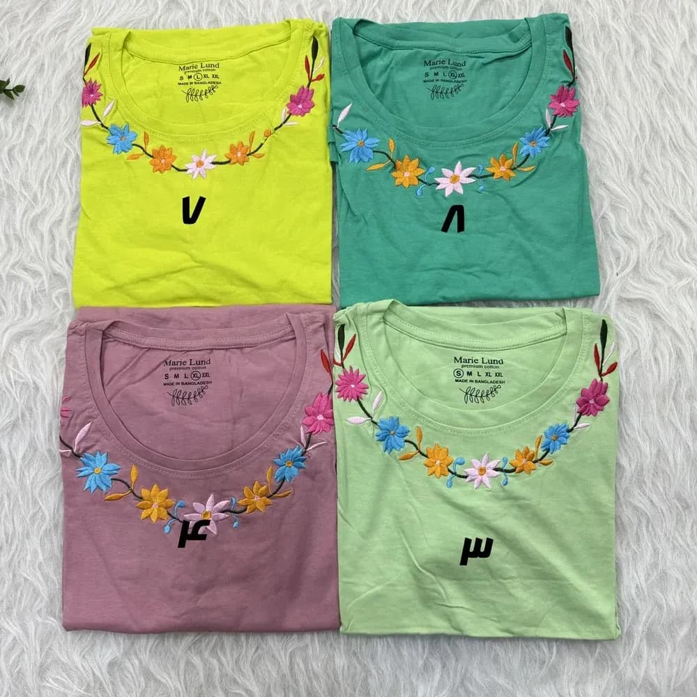 تیشرت نخ پنبه گلدوزی سایز S، M، L، XL و XXL مناسب خانمها و دختران — تصویر ۳