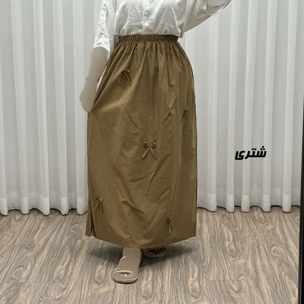دامن زنانه لینن پاپیون دار فری سایز مناسب تا 44 — تصویر ۶